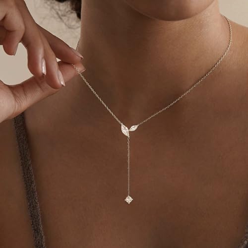 Gold Necklace for Women - Dainty Long Lariat Necklace 14K Gold Plated Clover Star Teardrop CZ Y Shaped Drop Necklaces Cute Long Necklaces for Women Trendy Prom Formal Womens Jewelry - color: Silver PJ Drop