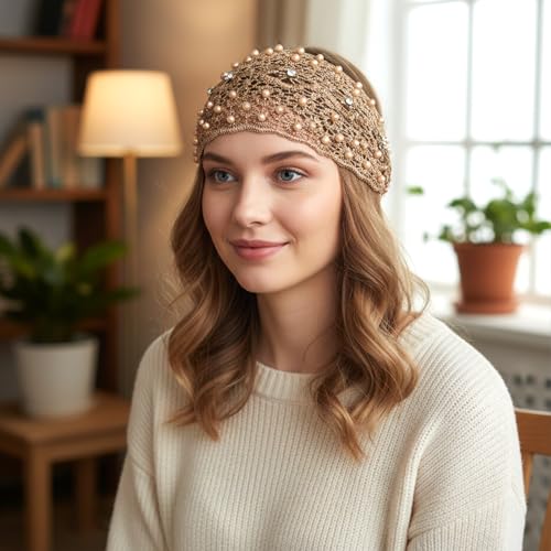 Tucnoeu 3pcs Boho-Chic Crystal & Pearl Embellished Wide Headbands, Wide Boho Pearl Headband for Wome, Floral Beaded Lace Elastic Headband Suitable for Daily Wear and Weddings Stylingvarious Holidays - color: Coffee, Claret, black