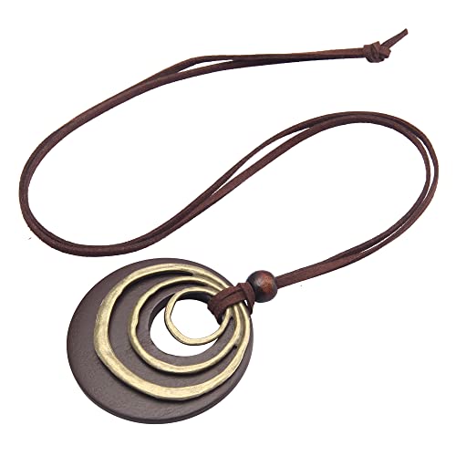 GelConnie Leather Cord Necklace Chain Multilayer Wooden Pendant Necklaces Vintage Jewelry Boho Long Sweater Necklace for Women Men - color: Brown Leather Necklace