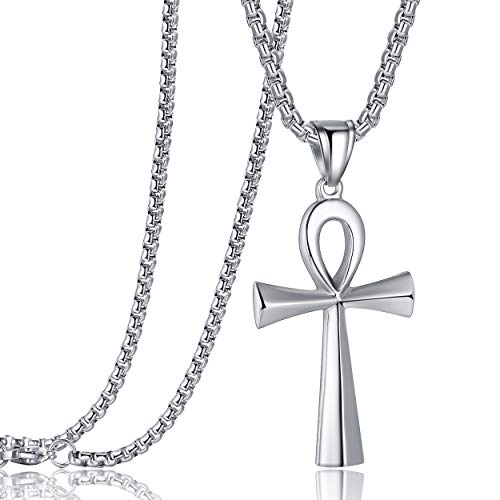 Rehoboth Stainless Steel Ancient Egyptian Coptic Ankh Cross Pendant Necklace for Womens Mens 24 Inch Chain Black Gold Silver - color: Silver
