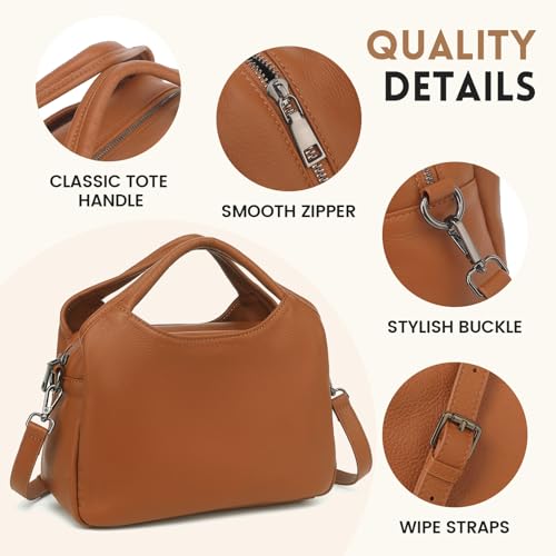 KOGTLA Medium Genuine Leather Purses for Women with Detachable Satchel Strap, Ladies Soft Handbags, Tote Hobo Bags - color: Brown
