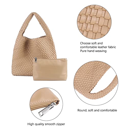 Woven Tote Bag For Women, Large Vegan Leather Travel Handbag, Casual Work Shoulder Bag, Underarm Commuter Hobo Bag With Purse - color: Khaki