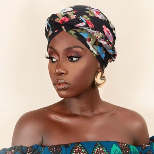 DRESHOW Turban Pre-Tied Twisted Hat Thread African Head Wraps for Black Women Chemo Cancer Cap Braid Hair Cover - color: 1 Pc Twisted Braid: Floral-black