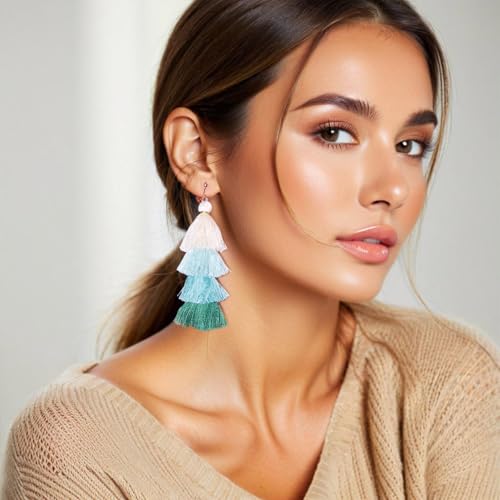 Clip on Earrings, Lightweight Colorful Layered Tassel Bohemian Statement Tiered Big Dangle Drop Earrings for Women, Non Pierced, Boho Jewelry - color: Green