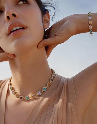 Magitaco Colorful Rhinestone Jewelry Set, Multi Color Crystal Bracelet for Women, Stackable Gemstone Choker Necklace for Beach Prom