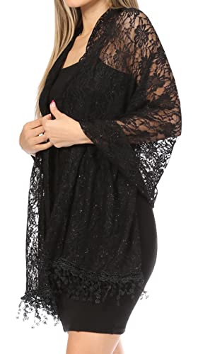 Sakkas Mari Women's Large Lightweight Soft Lace Scarf Wrap Shawl Floral and Fringe - color: Style2-black