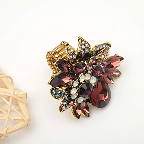 CSY Luxury Women's Austrian Crystal Leaves Flower Big Cocktail Statement Rings Stretch Adjustable Ring Jewelry Accessories - color: Purple