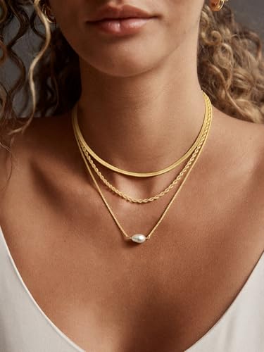 BERISO 14K Gold Plated Layered Necklace for Women, 3 Layer Dainty Gold Necklace with Minimalist Pendant, Elegant Everyday Gold Jewelry Gift - style: layered necklace-D