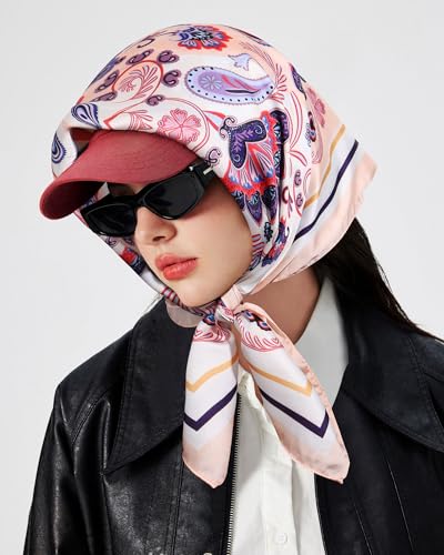 AWAYTR 27.5” Square Satin Head Scarf Hair Scarf for Women's Hair Silk Bandana for Women Silk Head Wrap for Sleeping - color: Cashew Print (Pink)