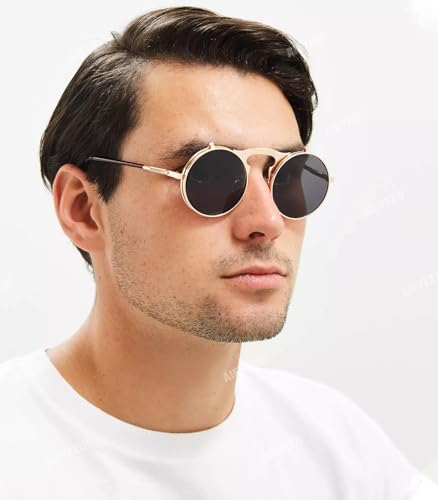 AIEYEZO Round Flip Up Sunglasses for Men and Women Rave Flip Glasses 90's Retro Steampunk Style - color: A1 Gold/Grey