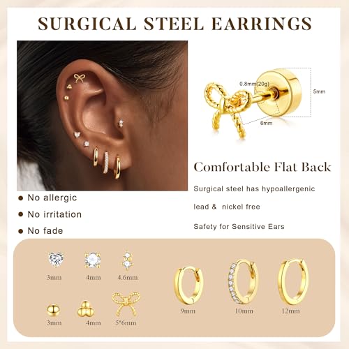 M MOOHAM Hypoallergenic Flat Back Earring Stack for Women Teen Girls, 14K Gold Plated Small Huggie Hoop Earrings Trendy Dainty Gold Cartilage Stud Earring Stacks Set Jewelry Gifts for Women Girls - color: 14K-Gold-Plated