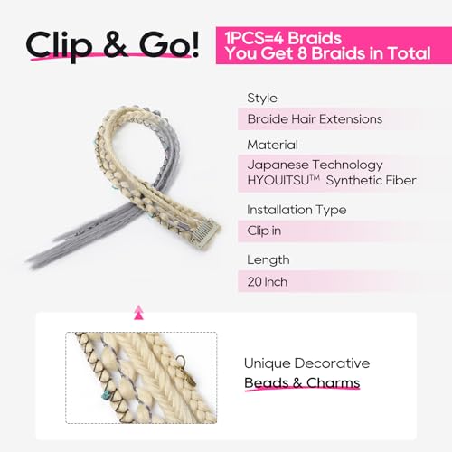 REECHO Clip in Braid Hair Extensions for Women, 20" Boho Dreadlock Clip in Braids with Beads & Charms, 2PCS Handmade Synthetic Braided Hairpieces for Cosplay Daily Styling, Light Blonde to Grey - color: Light Blonde to Grey, size: 20 Inch