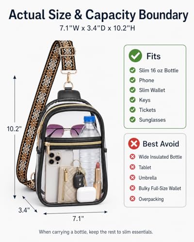 PACKISM Clear Sling Bag Stadium Approved - Clear Bag for Stadium Events & Holographic Bag for Music Festivals Jacquard Strap - color: 01_black