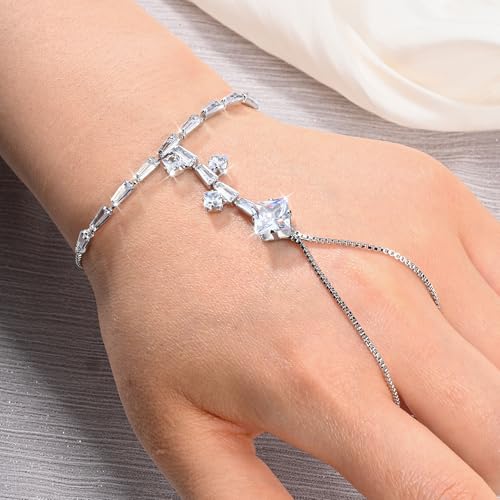 Adjustable Hand Chain Bracelet Women, 16K Gold Plated Finger Bracelet, Secure Ball Clasp Elegant Slave Hand Jewelry, Y2K Aesthetic Accessories for Summer Festival Prom Beach Vacation Daily Wear - color: style9-16K silver-plated