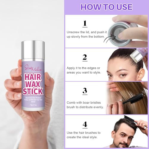 START MAKERS Hair Wax Stick and Slick Back Hair Brush Set for Women Kids Men 5PCS, with Edge Brush, Teasing Brush, Rat Tail Comb & Mini Boar Bristle Brushes for Flyaways, Control, Sleek, Ponytail Buns