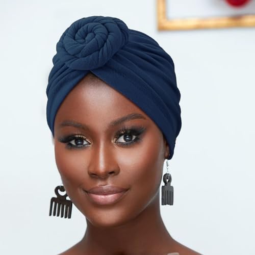 DRESHOW 5 Pack Knotted Headwraps for Women African Turban Pre-Knotted Beanie Headwraps Hair Covers - color: 5 Pack Donuts: Dark Grey, Khaki, Dark Khaki, Navy Blue, Black