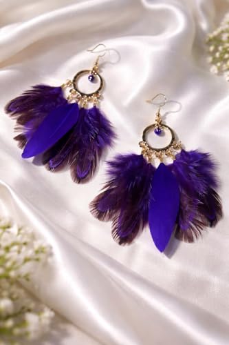 Feather Earrings for Women, Boho Long Brown Gold Dangle Drop Earrings, Handmade Statement Vintage Western Style Lightweight Trendy 2026 Fancy Unique Jewelry Gift - color: Purple