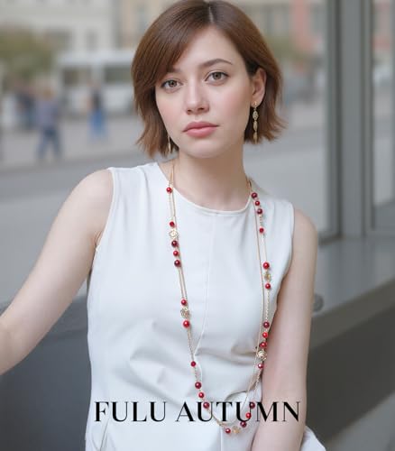 FULU AUTUMN Boho Gold Long Necklaces for Women Natural Stone Beaded Layered Long Necklace Mothers Day Gifts Dainty Flower Costume Jewelry for Women - color: Red