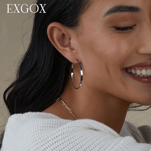 EXGOX Silver Hoop Earrings for Women - Sterling Silver & 14K Gold Plated - Hypoallergenic 925 Silver - Big Hoop Earrings (30/40/50/60/70mm) - color: 4MM Wide-Black 50mm