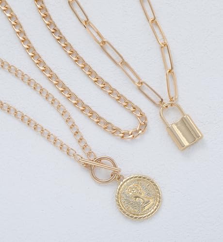 iF YOU Vintage Gold Layered Necklaces for Women Trendy, Chunky Cuban Link Paperclip Chains Necklace Stack, Coin Pendant Necklace Set Jewelry Gifts - style: 3-layer lock necklace