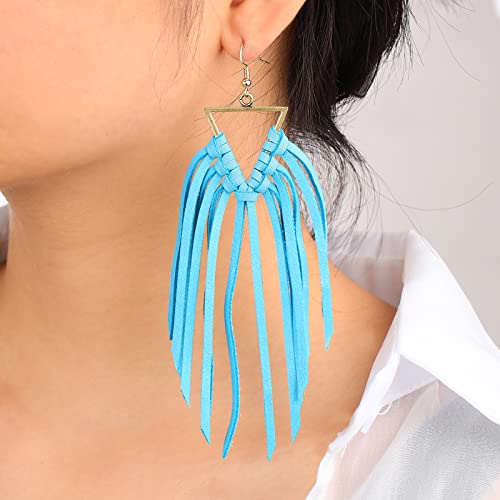 Fringe Leather Earrrings Triangle Deerskin Leather Boho Western Statement Dangel Earrings for Women - color: Blue