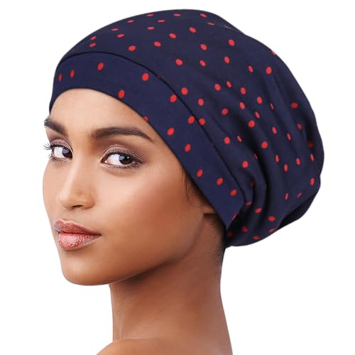 Alnorm Unisex Chic Cap for Natural, Curly Long Hair, Frizzy Hair, or Deadlocks - color: Navy Red Dots
