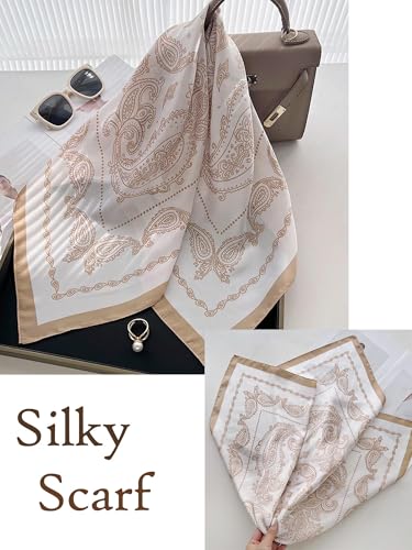Silky Scarf for Women Lightweight Satin Bandanas Neck Hair Wrap For Sleeping Head Scarves 27.5" - color: A10 Light Brown Swirling/27.5"