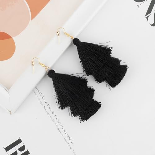 Earrings for Women Dangling, Layered Tassel Earrings Fringe Earrings Bohemian Studs Drop Earrings - color: Black