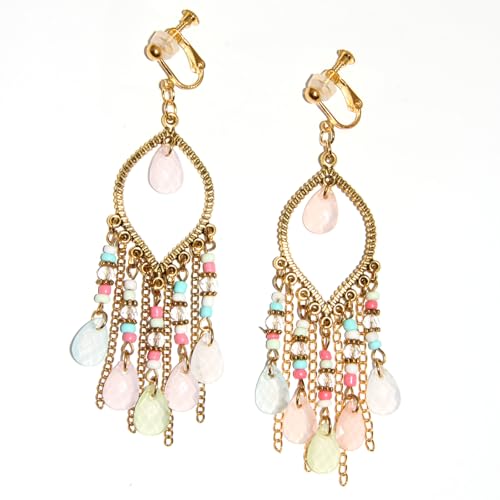 Clip on Tassel Dangle Earrings for Boho Women, Non Pierced, Colorful Feather Handmade Beads Fashion Vintage Fringe Jewelry for Parties Weddings Festivals Trendy Statement Earrings for Bohemian - color: Color C