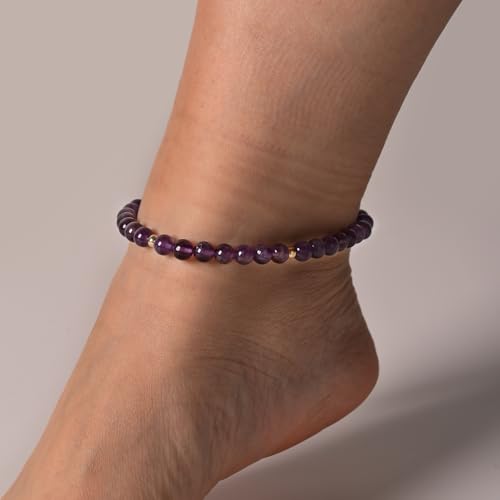 Softones 6mm Natural Stone Anklet for Women Gemstone Ankle Bracelets for Women Healing Energy Crystal Anklets Adjustable(8.5-10 Inches) - color: Amethyst