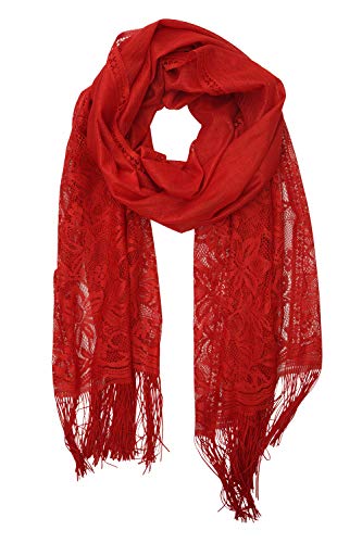 YOUR SMILE Ladies/Women's Lightweight Solid Color Fringe Lace Tassels Long Shawl Scarf For Spring Summer Fall - color: Red