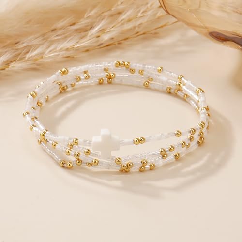Gold Colorful Beaded Cross Bracelet Stack Set for Women,Handmade Bohemian Seed Beads Stacked Bracelets Fashion Holiday Jewelry Gift - color: White