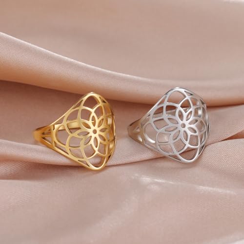 TEAMER Filigree Flower Ring Stainless Steel Elegant Bohemian Finger Ring Wedding Band Ring Exquisite Jewelry for Women - color: Style 1 - Gold