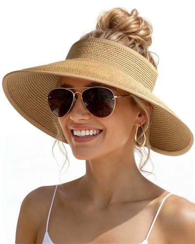 Womens Sun Visor Hats Wide Brim Straw Beach Hat UV Protection Ponytail Packable Beach Vacation Essentials - color: Khaki
