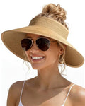 Womens Sun Visor Hats Wide Brim Straw Beach Hat UV Protection Ponytail Packable Beach Vacation Essentials - color: Khaki