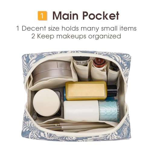 Narwey Small Makeup Bag for Purse Mini Cosmetic Bag Travel Makeup Pouch Zipper Pouch Cute Make up Bags with Compartments for Women Girls (Small, Blue Leaf) - color: Blue Leaf, style: Small