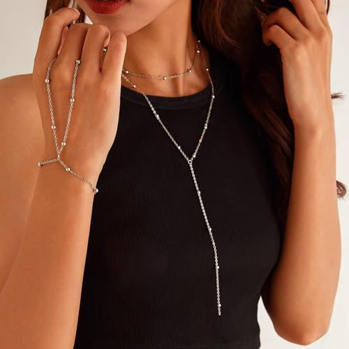Luxval Lariat Silver Necklace for Women, Dainty Long Necklace Silver Y-Shaped Pendant Necklaces Trendy Beaded Chain Drop Necklaces Jewelry for Women Gifts - color: Silver-Bead Layered