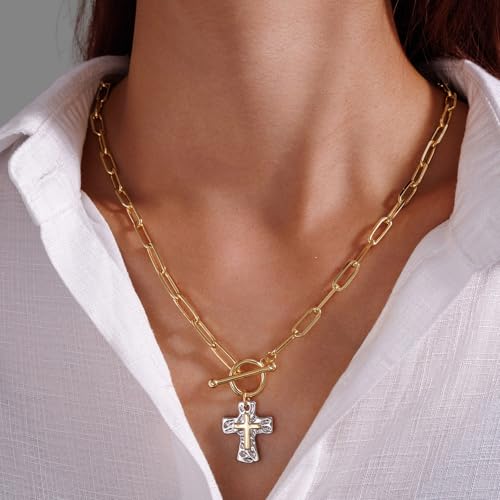 Chunky Cross Necklace for Women, 14K Gold/Silver Plated Statement Paperclip Chain Double Cross Pendant Necklaces Non Tarnish for Faith Religious Christian Jewelry Gifts - color: Silver