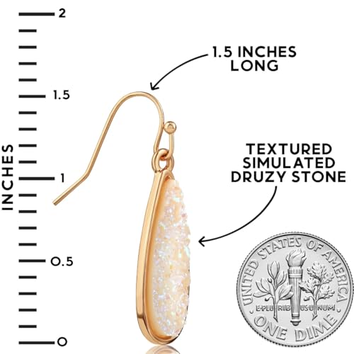 Teardrop Dangle Earrings for Women with Simulated Druzy Stones, in Gold or Rose Gold Tone - color: Gold - White Created Opal