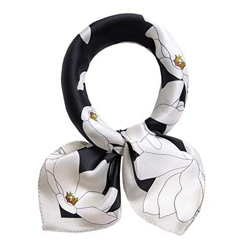 ANDANTINO 100% Mulberry Silk Scarf -21” Square Neckerchief with Gift Packed - color: Black&white Flowers