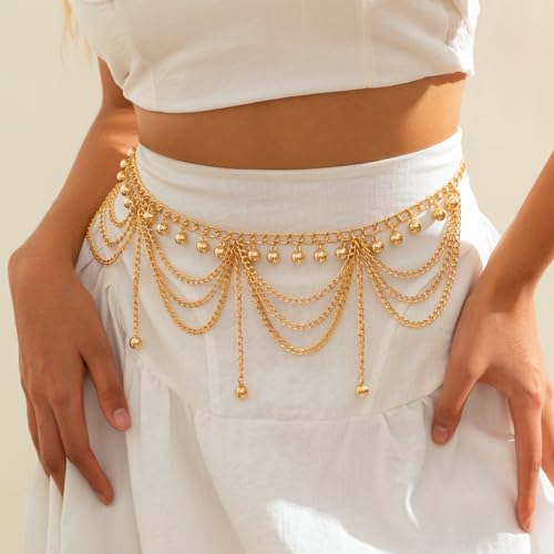 Boho Body Chain Waist Chain Gold Tone Tassel Layered Chain Belt Adjustable Belly Chains Metal Bikini Party Dress - color: Color 2