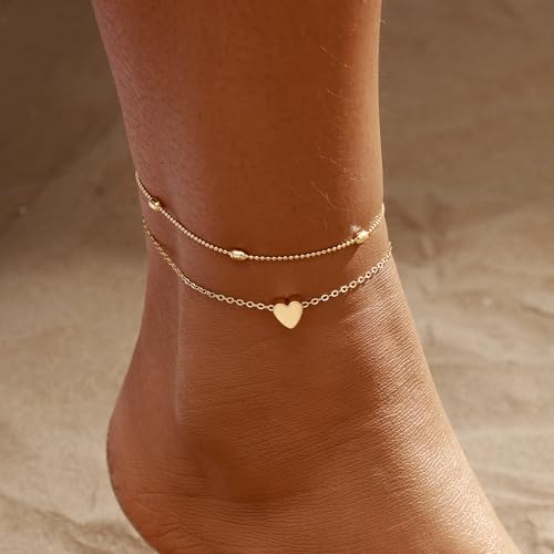 2/3 PCS Gold Anklets for Women Waterproof Cuban Link Anklet Beaded Bracelets Stackable Bracelets 14K Gold Plated Custom Jewelry Gifts Non Tarnish Lightweight - style: Gold Anklet 04