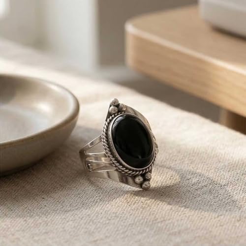 Handmade 925 Sterling Silver Plated Ring Natural Gemstone Carnelian, Rose Quartz, Tiger Eye, Crystal Oval Boho Jewelry For Women - color: Black Onyx
