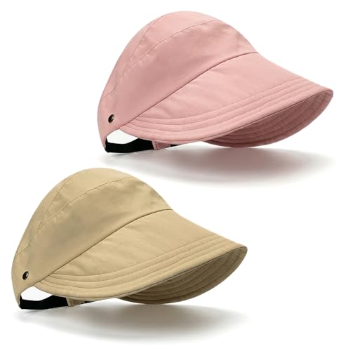2 Pcs Women's Trendy Breathable Sun Hat, 2026 New Wide Brim UV Protection Hollow Top Sun Hat Summer Beach Packable Visor - color: Khaki + Pink
