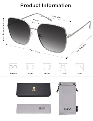 SOJOS Trendy Oversized Square Metal Frame Sunglasses for Women Men Retro Big Flat Lens UV Protection Sunglasses SJ1146 - color: Silver/Gradient Grey