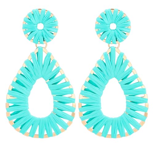 Raffia Teardrop Dangle Earrings Handmad Statement Drop Earrings - color: Turquoise