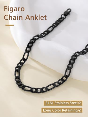 FindChic Stainless Steel Ankle Bracelets for Women, Waterproof Figaro/Cuban/Box/Beaded Chain Anklets, Summer Beach Foot Jewelry, 8.5''-10.5'' Adjustable Length, with Gift Box - style: A Figaro Chain-Black