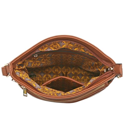 ALYSSA Triple Zip Pocket Large Crossbody Bag - color: Brown