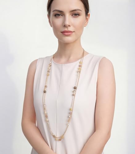 FULU AUTUMN Boho Gold Long Necklaces for Women Natural Stone Beaded Layered Long Necklace Mothers Day Gifts Dainty Flower Costume Jewelry for Women - color: Camel
