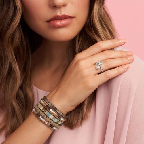LOWNOUR Boho Bracelets for Women 3pcs Leather Bracelet for Women Western Jewlery Leopard Multi-Layer Crystal Beads Stone Leather Cuff Wrap Bracelets